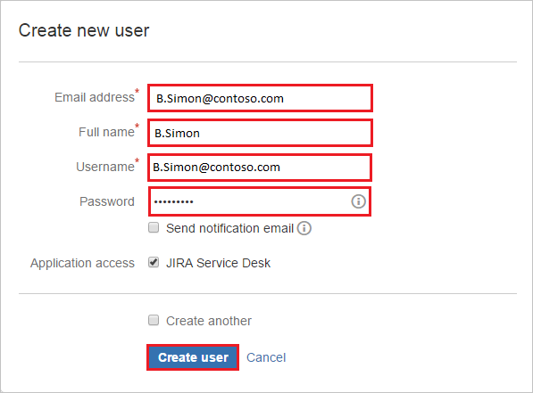 Screenshot shows the Create new user dialog box where you can enter the information in this step.