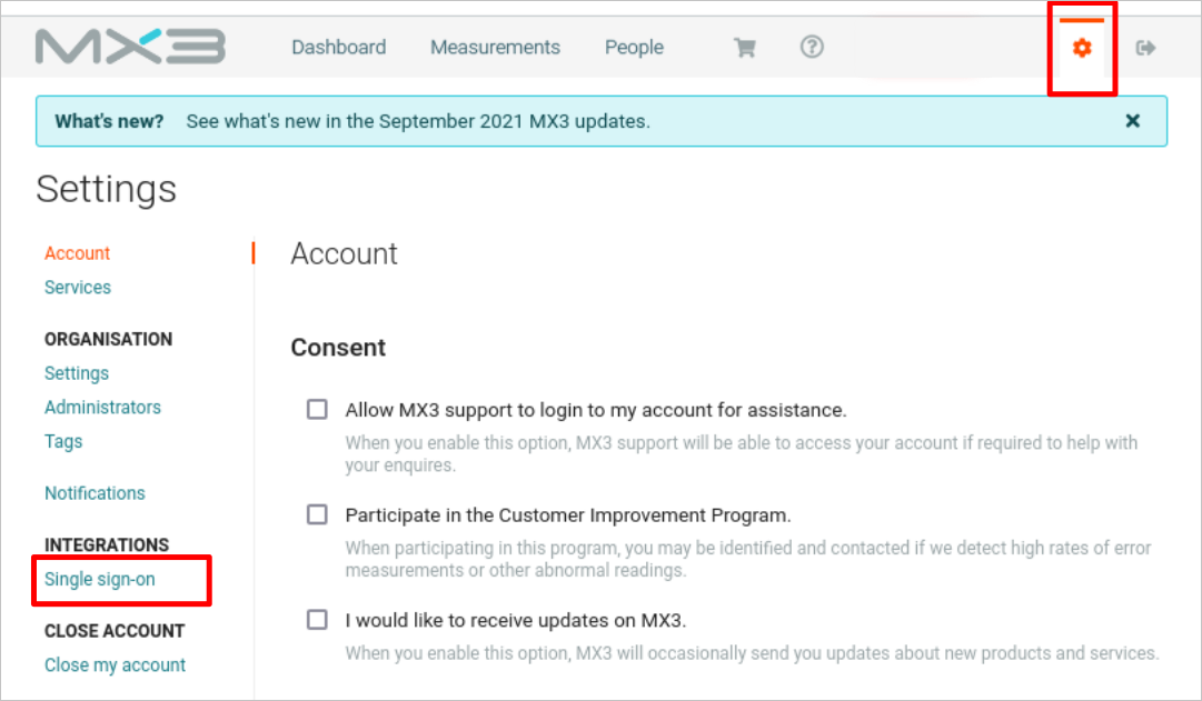 Screenshot: Einstellungen für einmaliges Anmelden für MX3 Diagnostics Connector.