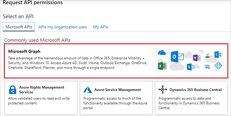 Screenshot: Seite „API-Berechtigungen anfordern“, auf der die Registerkarte „Microsoft-API“ und die Kachel „Microsoft Graph“ ausgewählt sind