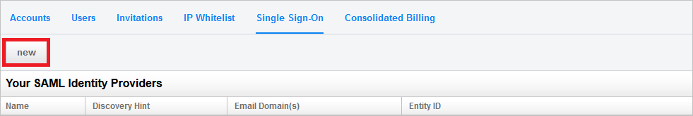 Screenshot shows the new buttons selected to add a SAML Identity Provider.
