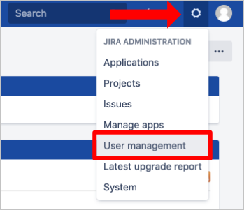 Screenshot: Pfeil, der auf das Zahnradsymbol zeigt, und ausgewählte Option „User management“ (Benutzerverwaltung) in der Dropdownliste