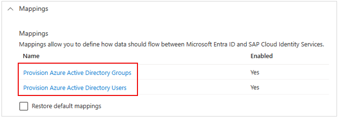 Screenshot der Benutzer- und Gruppenzuordnungen für SAP Cloud Identity Services.