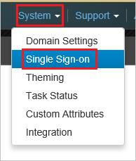 Screenshot mit ausgewählter Option „System“ und ausgewählter Option „Single Sign-on“ im Dropdownmenü