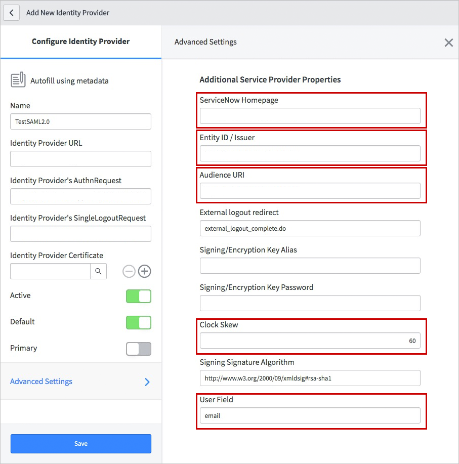 Screenshot of Add New Identity Provider dialog box, with various properties highlighted