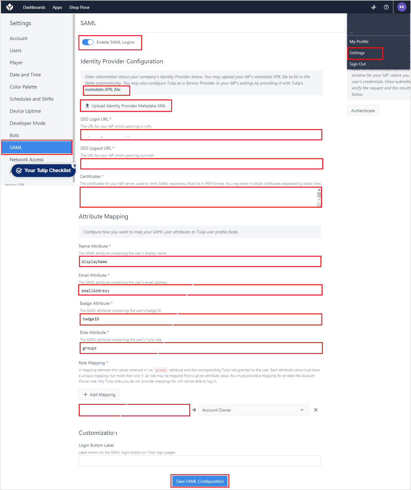 Screenshot der Konfiguration für Tulip.