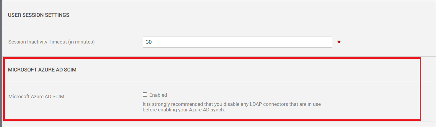 Screenshot: Einstellungen für die Benutzersicherheit in Vbrick Rev mit hervorgehobenem Bereich „Microsoft Azure AD SCIM“