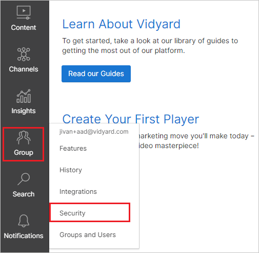 Screenshot der ausgewählten Option für Sicherheit für die Gruppe auf der Vidyard Software-Website