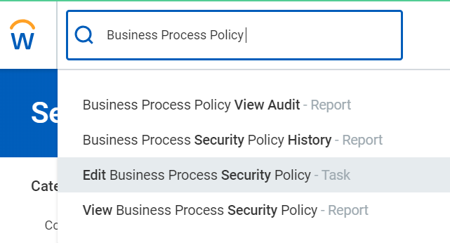 Der Screenshot zeigt „Business Process Policy“ im Suchfeld und die ausgewählte Aufgabe „Edit Business Process Security Policy“.