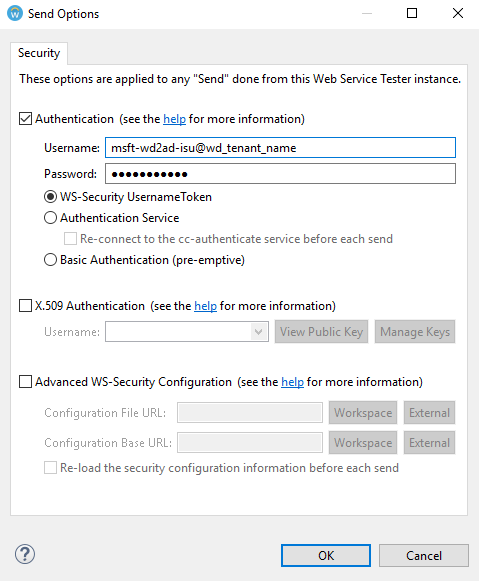 Screenshot: Registerkarte „Sicherheit“ mit Eingaben in „Benutzername“ und „Kennwort“ sowie ausgewählter Option „WS-Security Username Token“.