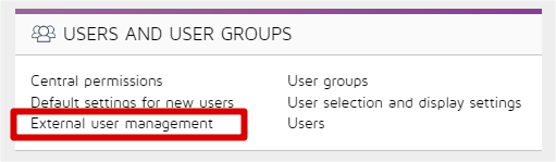 Screenshot der Seite „Zenya-Benutzer und -Gruppen“ mit hervorgehobenem Link „Verwaltung externer Benutzer“.