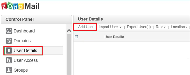 Der Screenshot zeigt die Zoho Mail-Site mit ausgewählten Benutzerdetails und Benutzer hinzufügen.