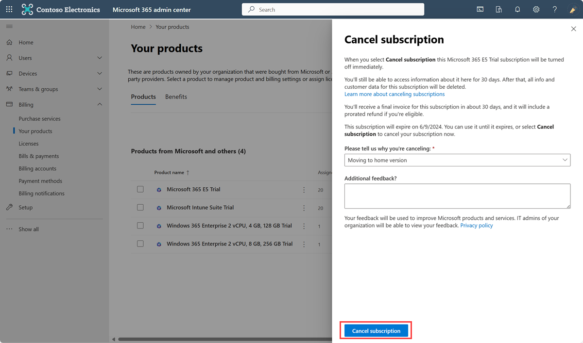 Screenshot, der Feedbackoptionen und die Schaltfläche zum Kündigen eines Abonnements zeigt.