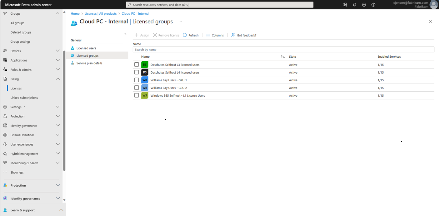 Screenshot of Assign licenses to a new group.