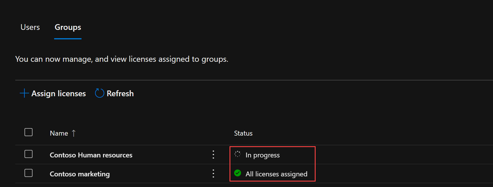 Screenshot, der den Fortschritt der Lizenzzuweisung zeigt.
