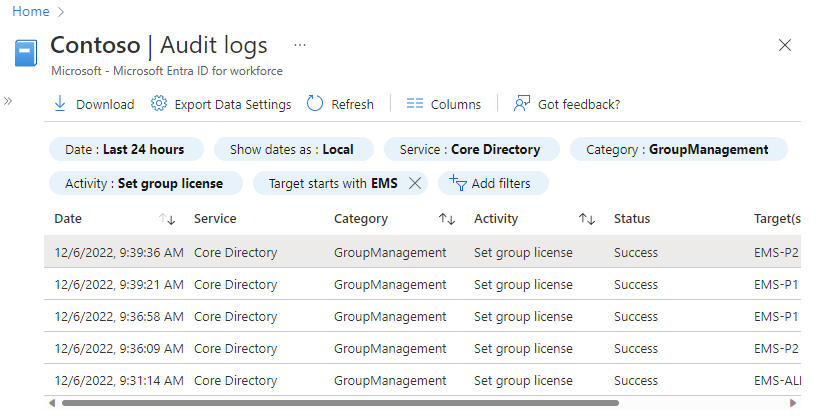 Screenshot von den Microsoft Entra-Prüfungsprotokollen einschließlich des Zielfilters.