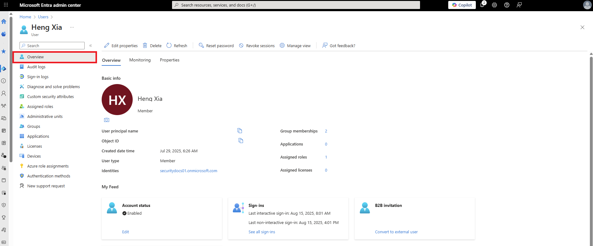 Screenshot eines neuen Benutzerprofils, das die Inhalte der Registerkarte „Übersicht“ anzeigt