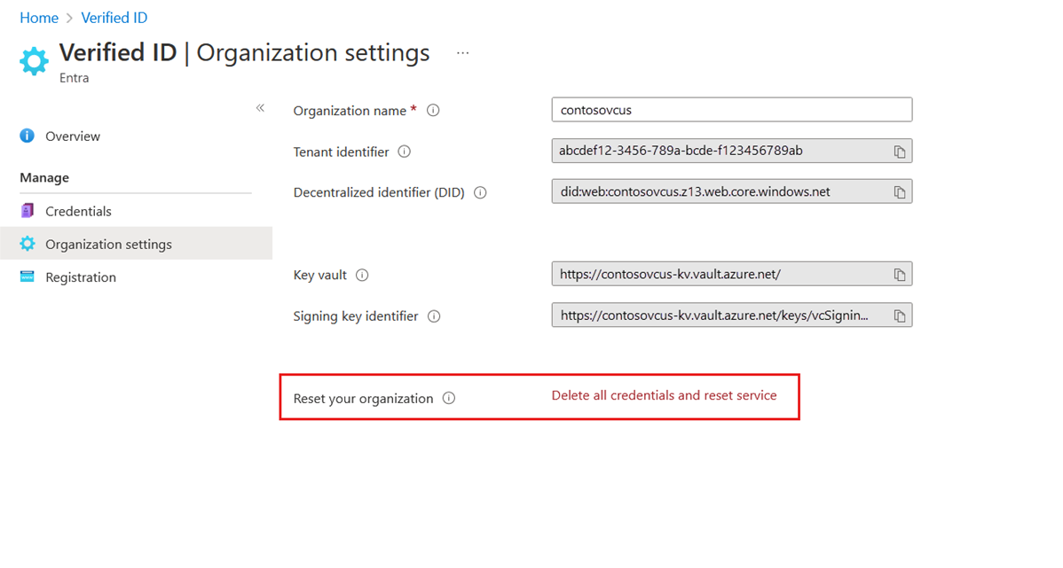 Screenshot that shows the section on the Organization settings page where you reset your organization.