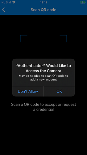 Screenshot des Bildschirms, der Authenticator den Zugriff auf die Kamera erlaubt.