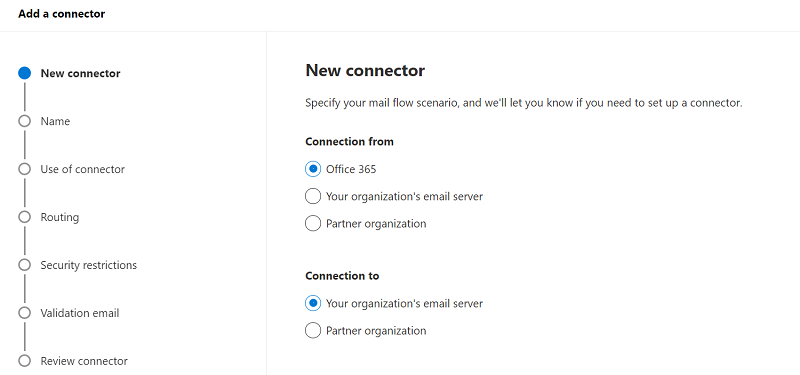 Der Bildschirm, auf dem der Pfad Office 365 zum E-Mail-Server Ihrer Organisation ausgewählt wird
