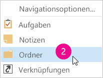 Outlook 2013-Navigationsleistenmenü für den Zugriff auf Ordner.