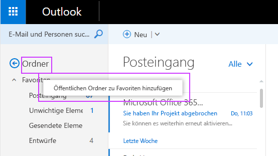 Verwenden von bevorzugten öffentlichen Ordnern in Outlook im Web in  Exchange Online | Microsoft Learn