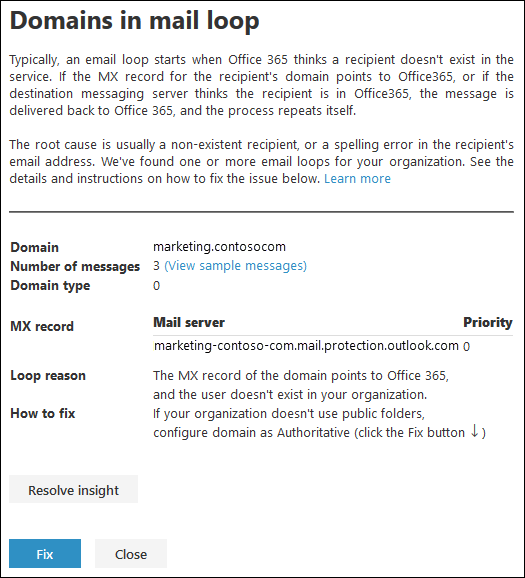 Details-Flyout, das nach dem Klicken auf Details anzeigen in der Erkenntnis Zur Behebung möglicher E-Mail-Schleifen angezeigt wird.