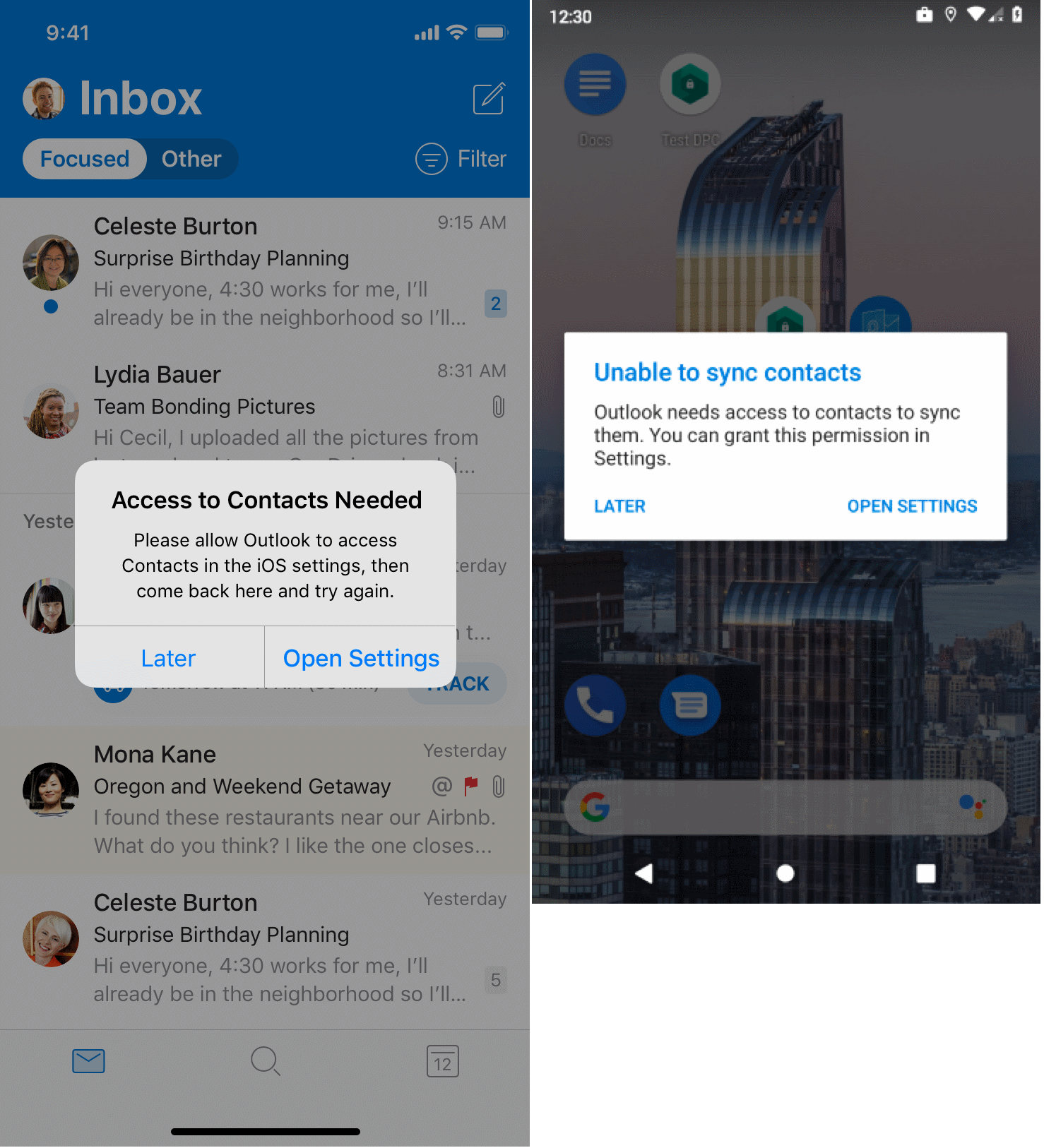 Der Benutzer wird aufgefordert, Outlook den Zugriff auf die native Kontakte-App zu erlauben.