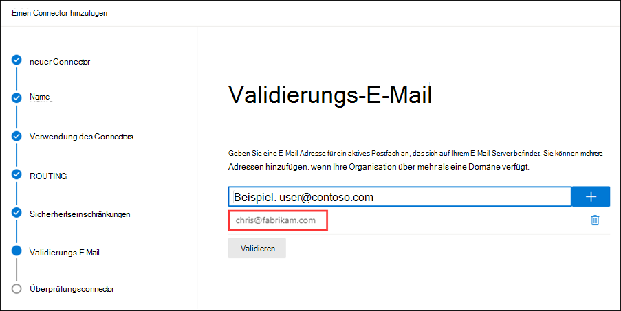 Der Bildschirm Validierungs-E-Mail.