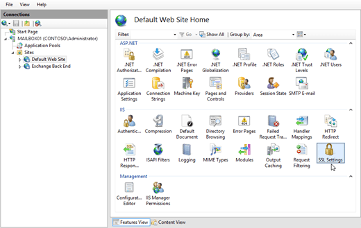 Wählen Sie im IIS-Manager die Standardwebsite und dann SSL-Einstellungen aus.