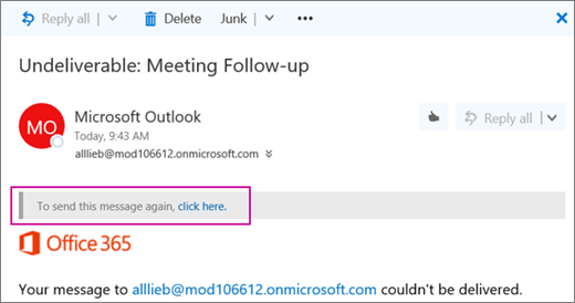 Der Screenshot zeigt einen Abschnitt einer Unzustellbar-Unzustellbarkeitsnachricht mit der Option, die Nachricht erneut zu senden.
