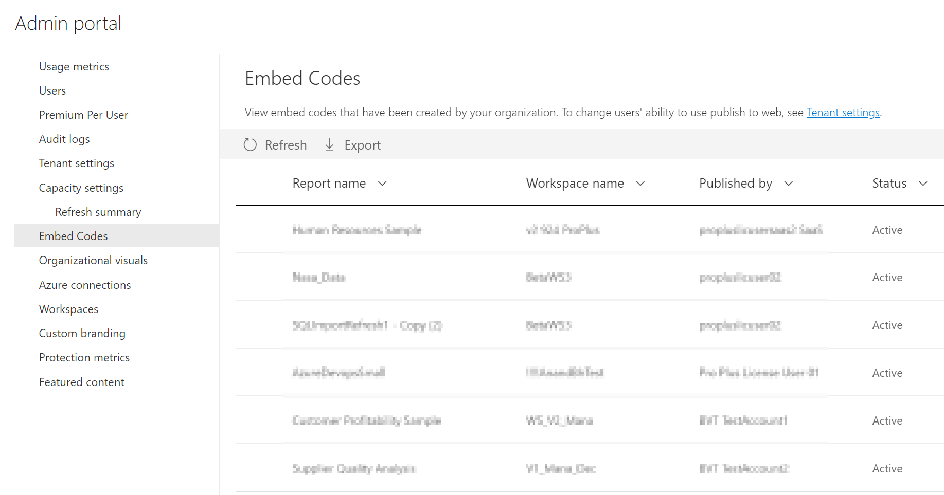 Screenshot that shows the embed codes within the Fabric admin portal.