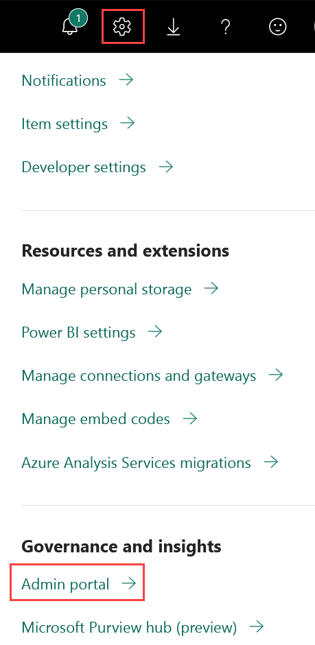 Screenshot showing the Power BI settings menu, with the settings option expanded and the admin portal selection highlighted.