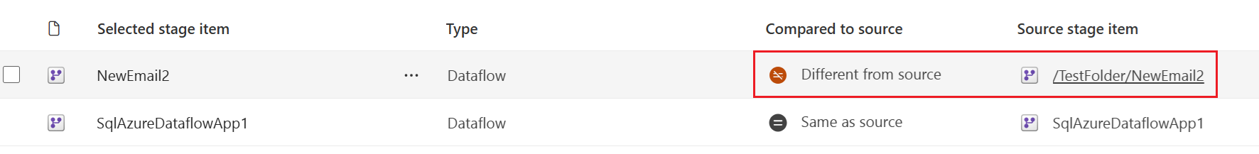 Screenshot: Ansicht „Änderungen vergleichen“ mit einem Element in einer Phase, das in einen anderen Ordner auf der neuen Benutzeroberfläche verschoben wurde
