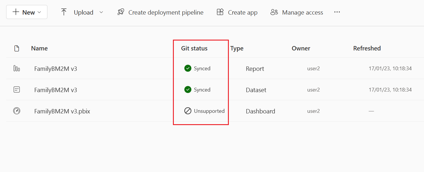 Screenshot: Elemente in einem Arbeitsbereich mit gekennzeichnetem Git-Status