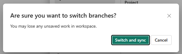 Screenshot: Bildschirm „Arbeitsbereichseinstellungen“ mit der Frage, ob Sie wirklich zwischen Branches wechseln möchten