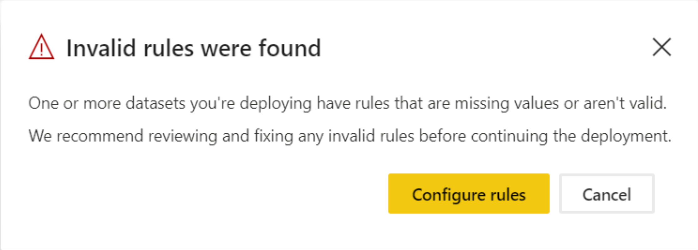 Ein Screenshot des Fehlers „Ungültige Regeln“, der angezeigt wird, wenn eine Bereitstellung aufgrund fehlerhafter Links nicht durchgeführt werden kann.
