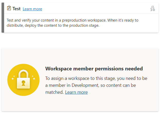 Ein Screenshot der Nachricht über die erforderliche Berechtigung für Workspace-Mitglieder in der Testphase einer Bereitstellungspipeline.
