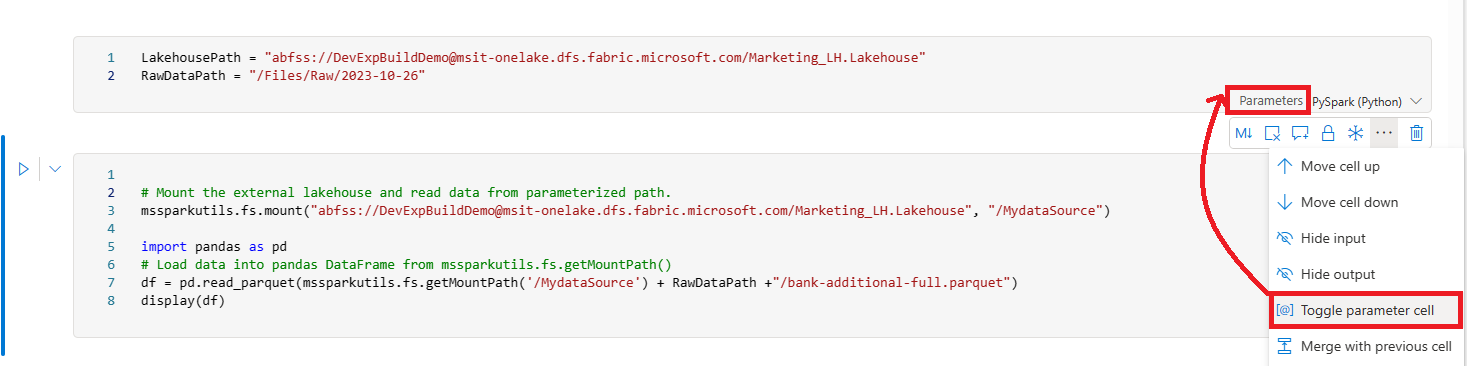 Screenshot: Fundort der Option „Parameterzelle umschalten“