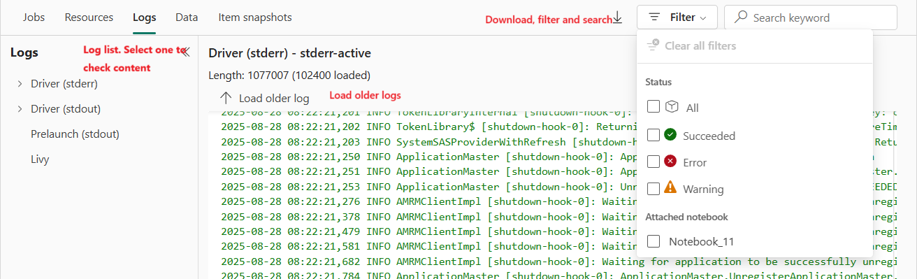 Screenshot: Protokolle für die Spark-Anwendung