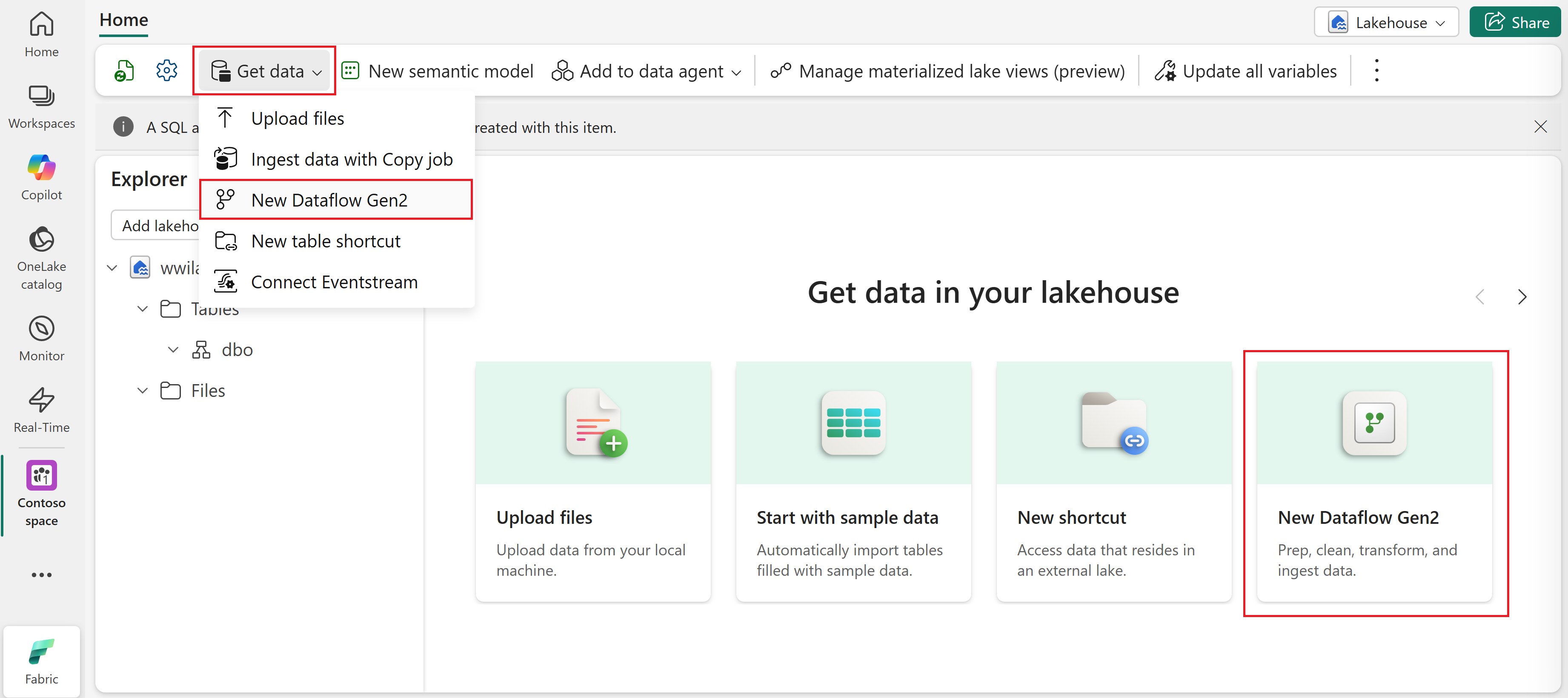 Screenshot, auf dem zu sehen ist, wie die Option „New Dataflow Gen2“ ausgewählt wird, um Daten in Ihr Lakehouse zu laden.