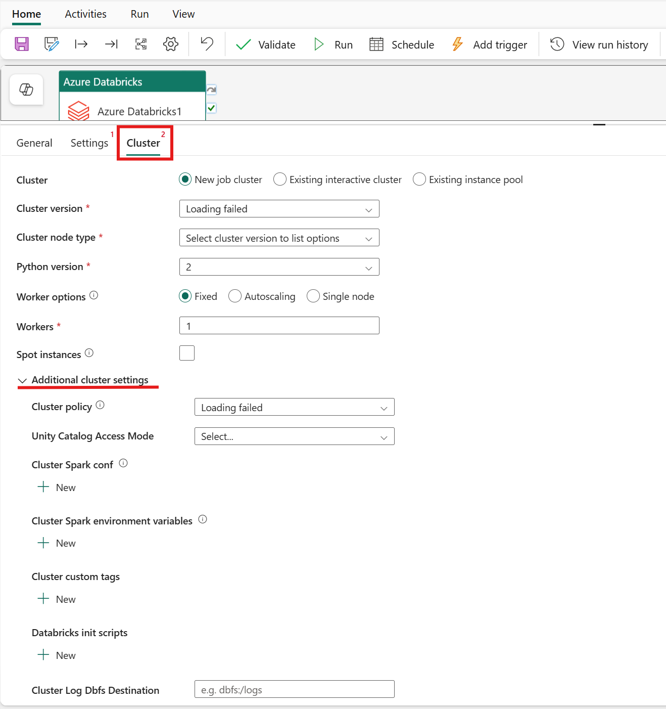 Screenshot: Registerkarte „Cluster-Einstellungen“ der Azure Databricks-Aktivität.