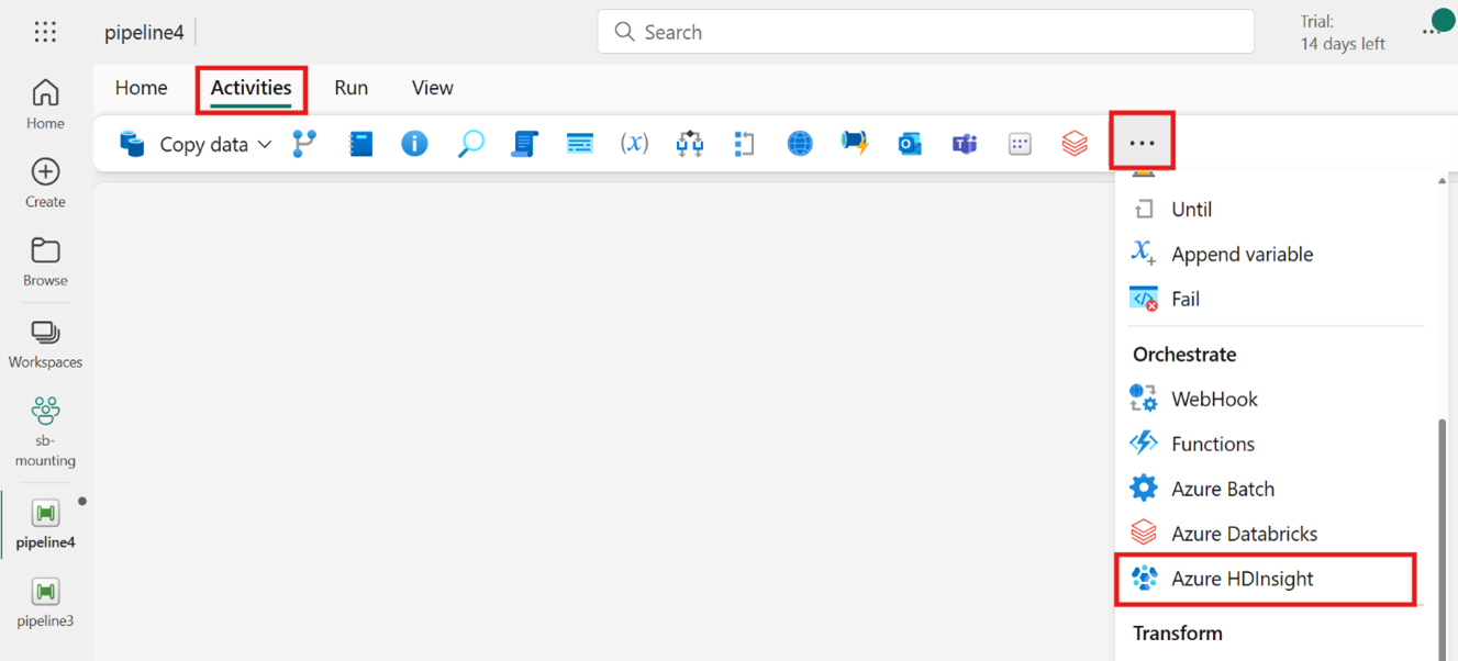 Screenshot, der zeigt, wo eine neue Azure HDInsight-Aktivität aus der Aktivitätsleiste im Pipeline-Editor-Fenster erstellt werden soll.