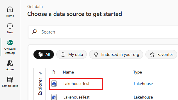 Screenshot der Auswahl von Lakehouse im OneLake-Abschnitt.