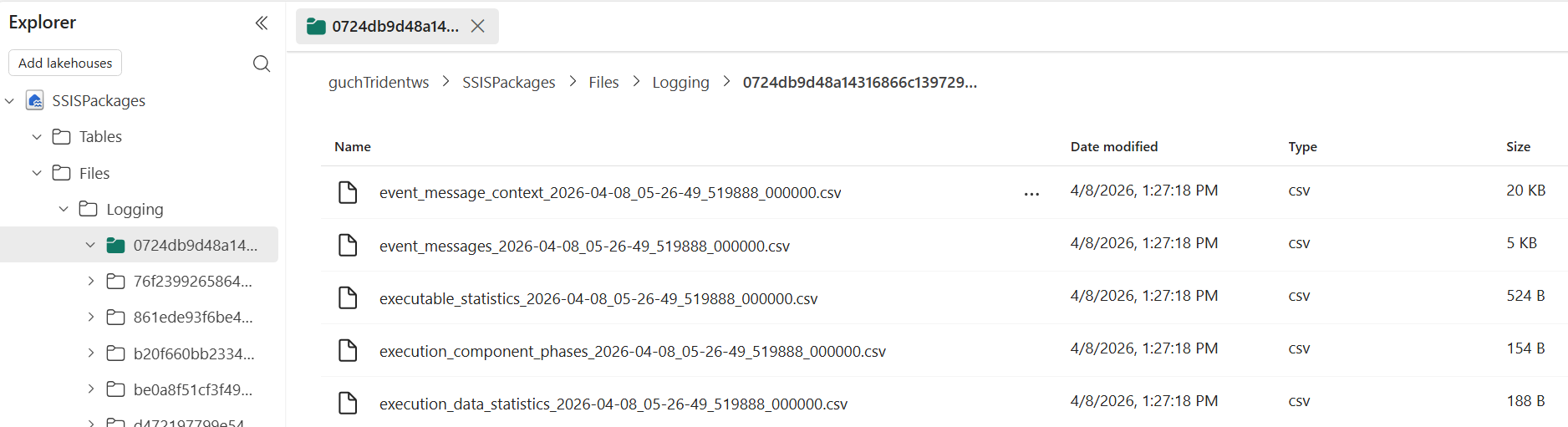 Screenshot der OneLake-Protokolldateien für die Aktivität 