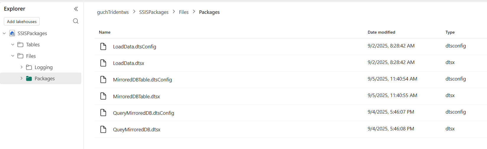 Screenshot, der SSIS-Pakete zeigt, die in OneLake hochgeladen wurden.