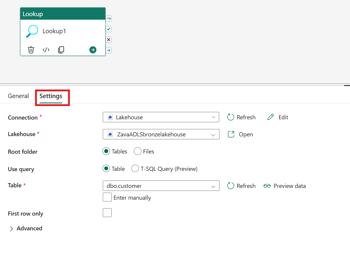 Screenshot, der die Registerkarte „Einstellungen für Lookup-Aktivitäten“ zeigt, wobei die Registerkarte selbst hervorgehoben ist und wo eine neue Verbindung gewählt werden kann.