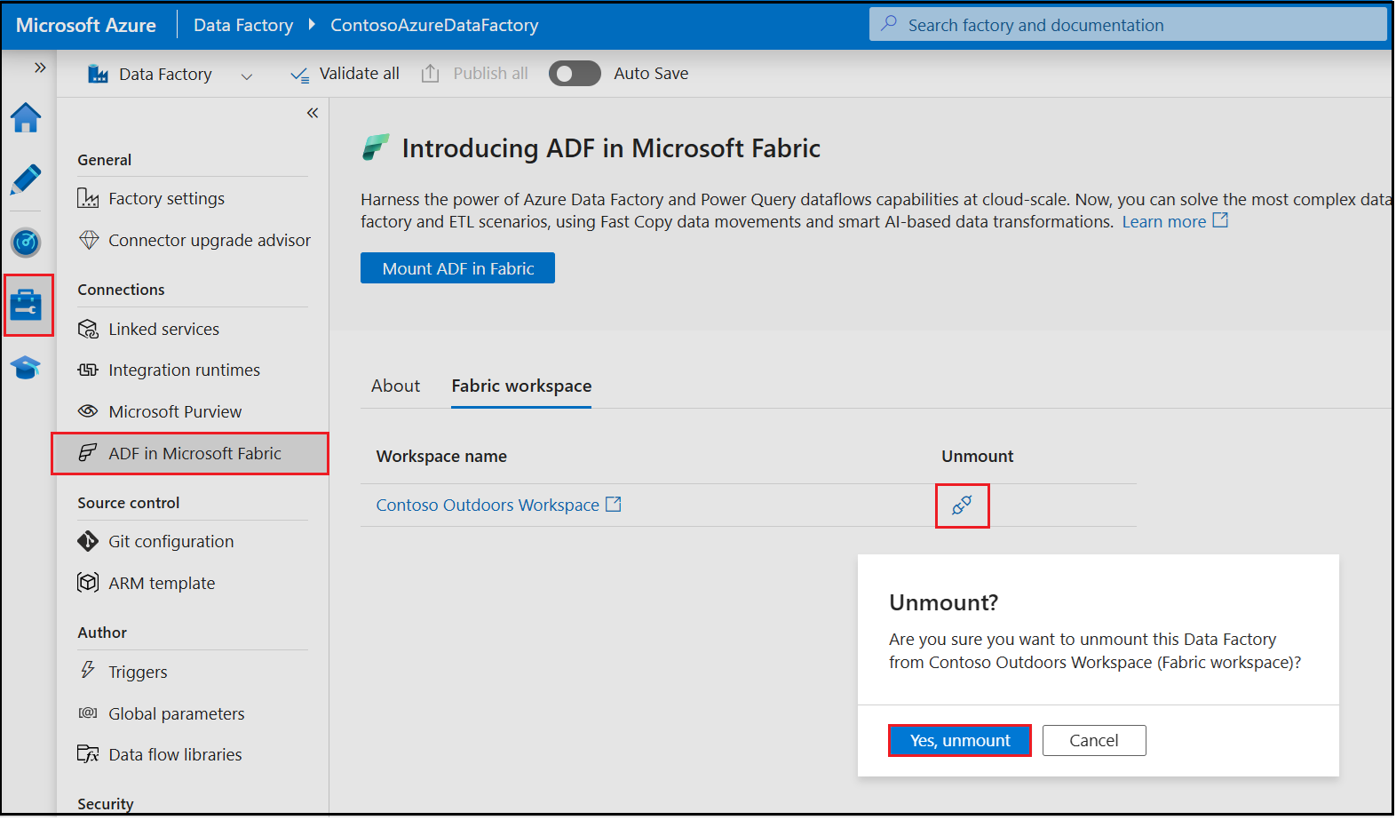 Screenshot zeigt das Abmontieren eines Azure Data Factory Elements in ADF.