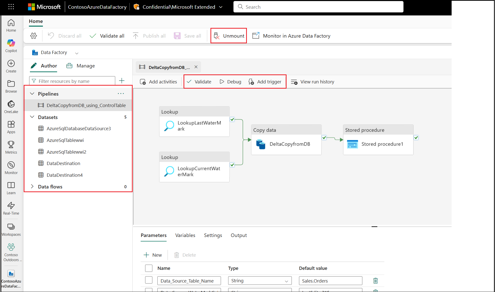 Screenshot mit Unmount Azure Data Factory Item in der Fabric.