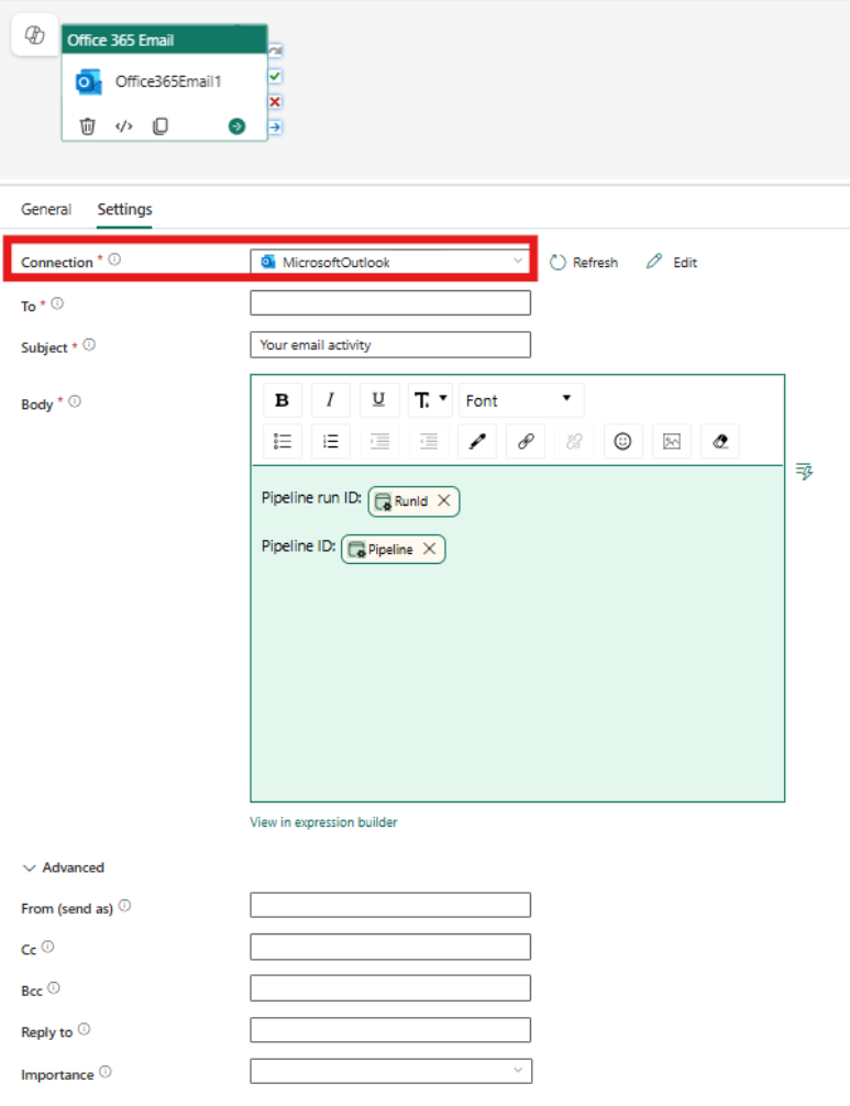 Screenshot mit den Einstellungsfenstern in der Outlook-Aktivität.