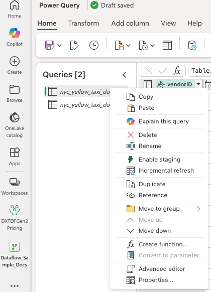 Screenshot, der Dataflow Gen2 mit deaktivierter Staging-Funktion zeigt.